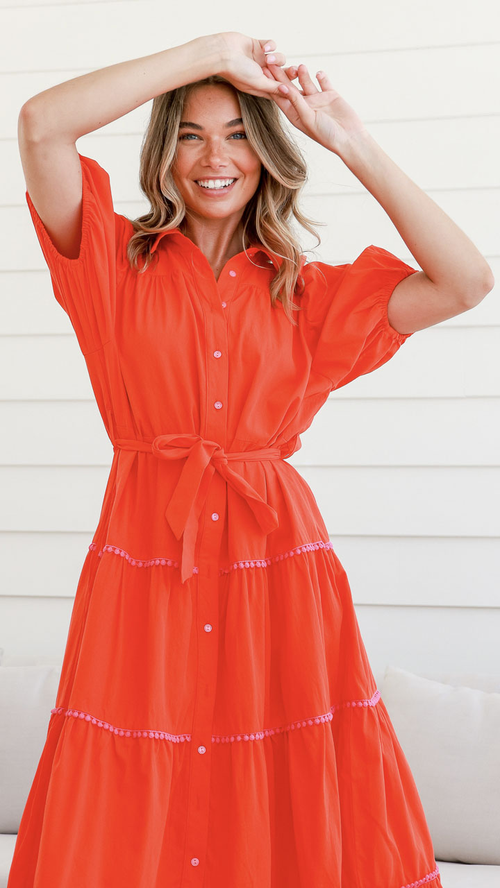 Short Sleeve Orange and Pink Dress