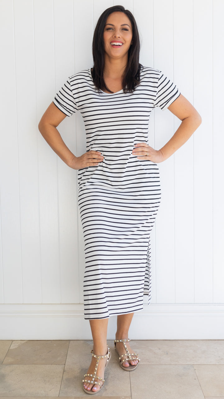 Shabby Sisters | New Arrivals | Striped Dress | Round Neckline | Short Sleeves | Side Pockets | Small Side Splits | Size Available Small to X Large | Great Wardrobe Basic 