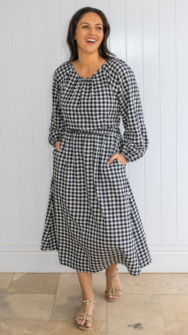 Shabby Sisters | Maddox Dress | Gingham Dress | Cut Out Feature | Round Neckline | Long Sleeve | Elastic Sleeve Cuff | Elastic Waist | Mid Calf Length | True to Size | Side Pockets | Sizes Available 8 to 14 | 