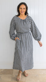 Shabby Sisters | Maddox Dress | Gingham Dress | Cut Out Feature | Round Neckline | Long Sleeve | Elastic Sleeve Cuff | Elastic Waist | Mid Calf Length | True to Size | Side Pockets | Sizes Available 8 to 14 | 