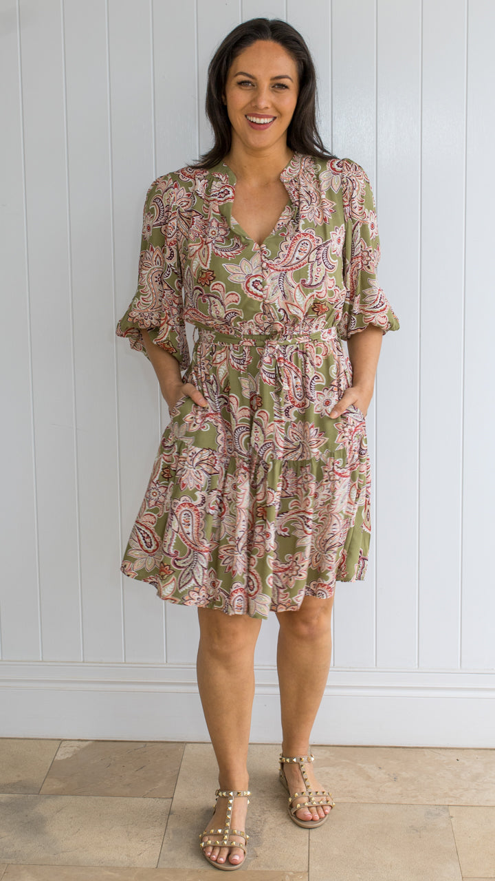 Shabby Sisters | New Arrivals | Green Print Dress | V Neckline | Covered Button Close at Front | Statement Balloon Sleeves | Elastic Sleeve Cuff | Elastic Waist | Removable Fabric Tie Belt | Tiered Skirt | Pockets | Knee Length | Sizes Available 6 to 14