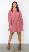 Shabby Sisters | Denim Dress | Rose Colour | Long Sleeves | Frill Cuff Sleeve | Button Through | Collar 