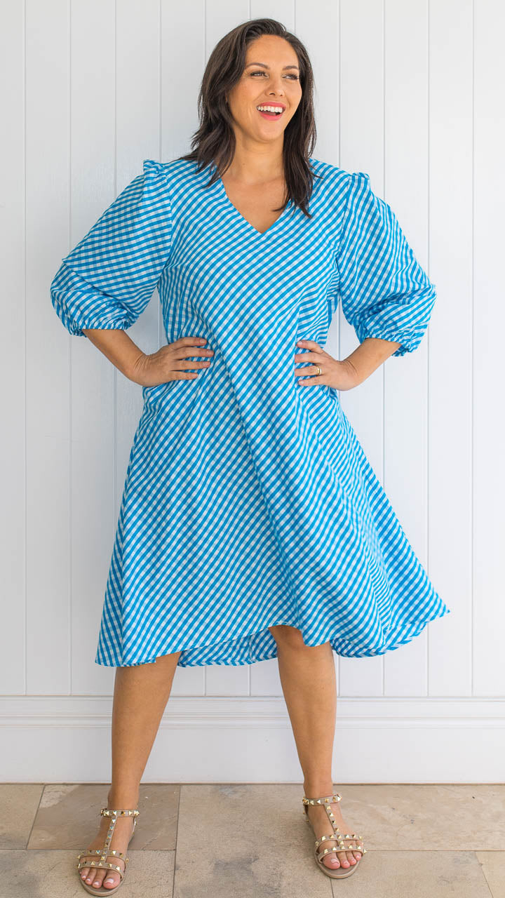 Shabby Sisters | Athena Dress | Blue and White Check | V Neckline | Three Quarter Sleeve | Elastic Cuff | Slight Cut On The Bias | High Low Hemline | Easy to Wear | Relaxed Fit | Sizes Available S to XL |  