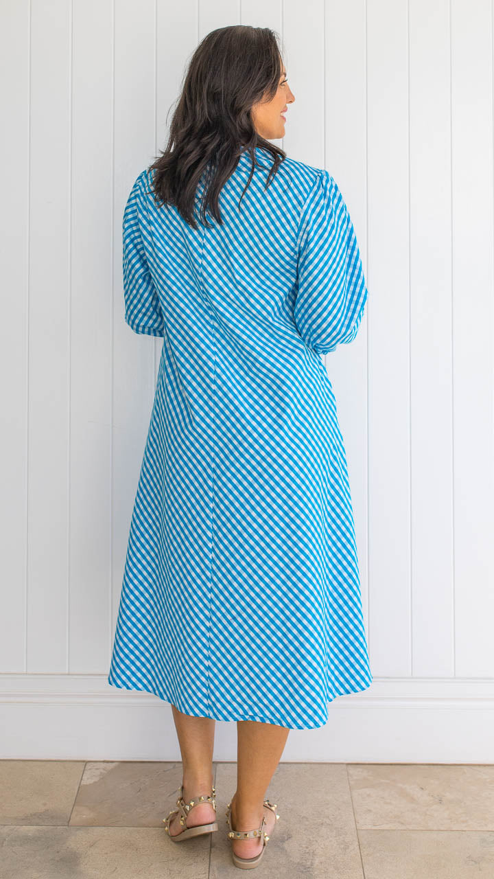 Shabby Sisters | Athena Dress | Blue and White Check | V Neckline | Three Quarter Sleeve | Elastic Cuff | Slight Cut On The Bias | High Low Hemline | Easy to Wear | Relaxed Fit | Sizes Available S to XL |  