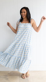 Shabby Sisters | New Arrivals | Celeste Dress | Maxi Dress | Shoulder Ties | Relaxed Body | Pockets | Checks | Blue and Cream Checks | Tiered Body | Elastic Neckline | Frill Detail on Neckline | Relaxed Fit | Sizes Available from Size 8 to 14 | We Suggest Going Down A Size | 