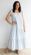 Shabby Sisters | New Arrivals | Celeste Dress | Maxi Dress | Shoulder Ties | Relaxed Body | Pockets | Checks | Blue and Cream Checks | Tiered Body | Elastic Neckline | Frill Detail on Neckline | Relaxed Fit | Sizes Available from Size 8 to 14 | We Suggest Going Down A Size | 
